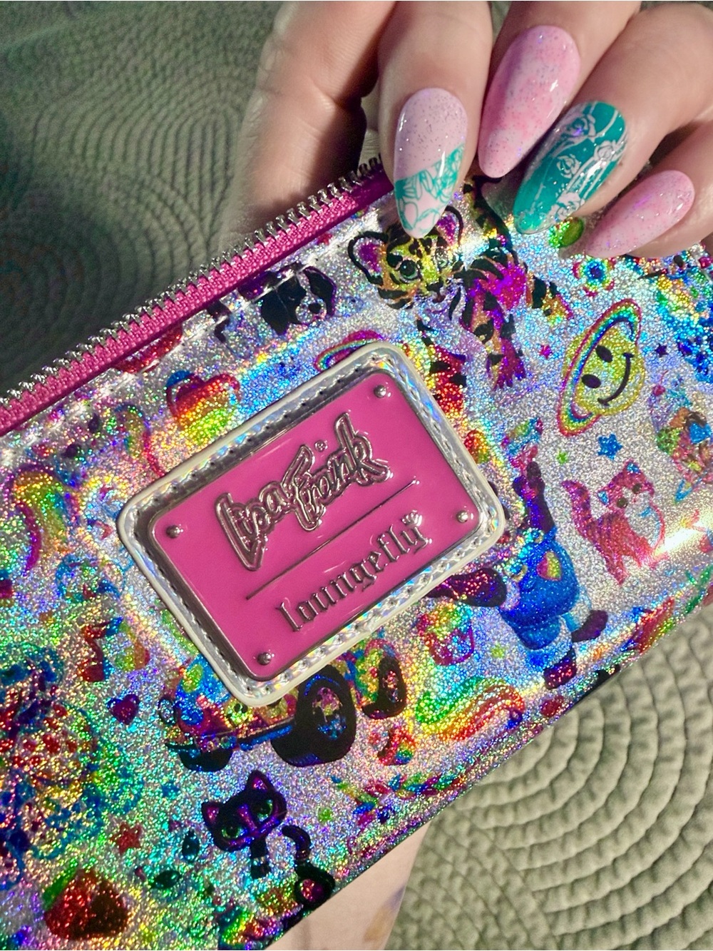 Loungefly Holographic Rainbow Lisa Frank Zip Wallet with Pink Trim EUC